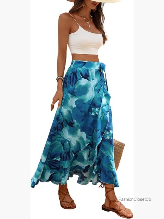 Dresses & Skirts - Boho Floral Wrap Maxi Skirt with Knotted Belt Asymmetric Hem Ruffle Split